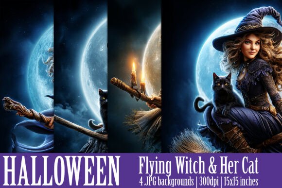 Enchant Your Autumn Projects with Halloween Flying Witch Cat Backgrounds 1
